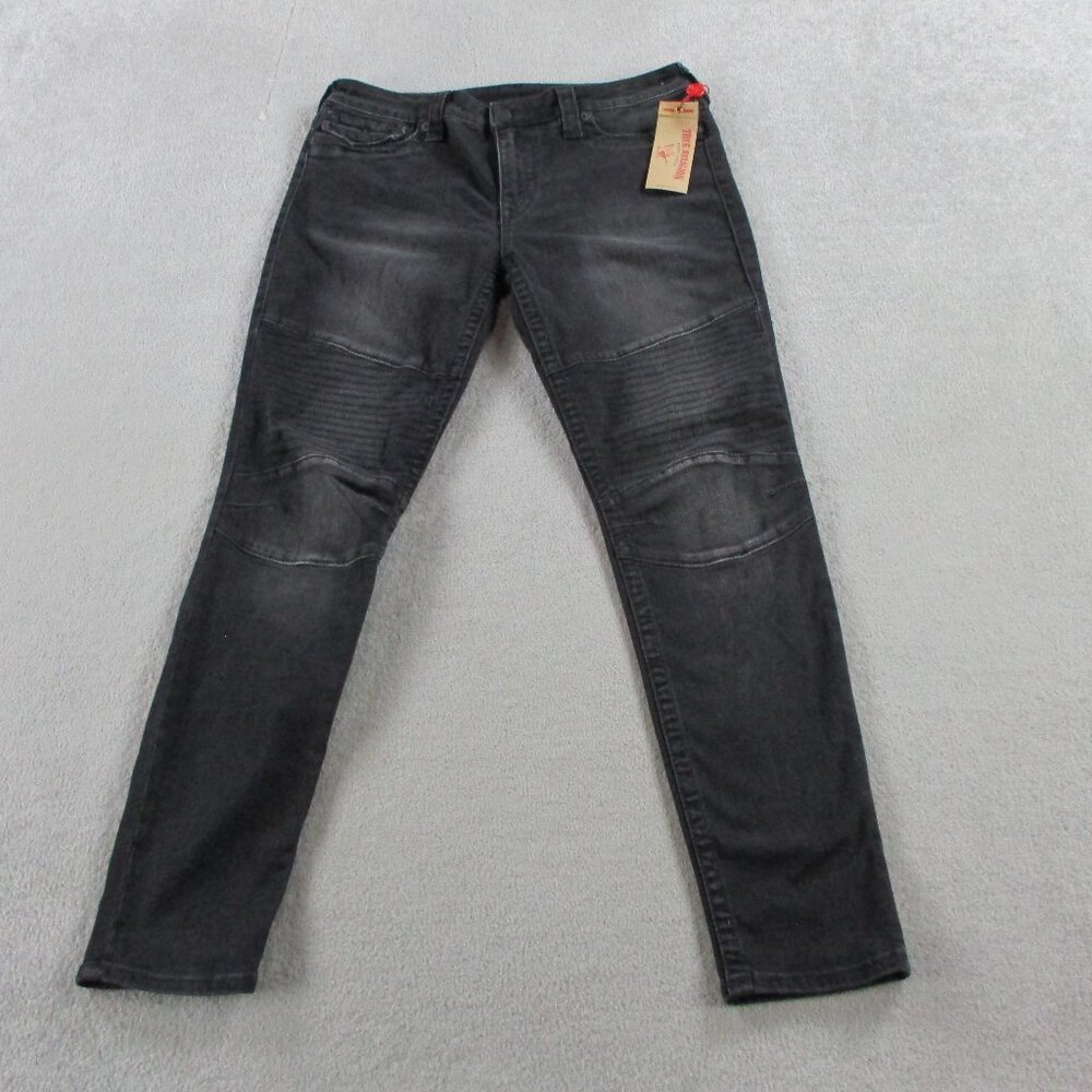 Nwt True Religion Jeans Womens 33 Black Denim Super Skinny Moto Stretch Flap